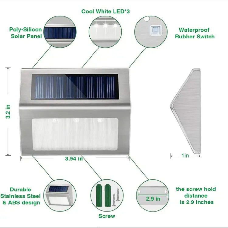 Outdoor Stainless Steel Solar Deck Light for Balcony Garden Yard Fence 3 LED Path Light