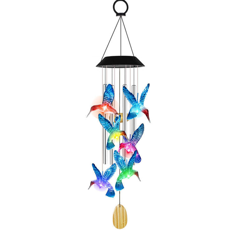 Waterproof Solar Power Wind Chime with Color Changing Hummingbird and Butterfly Design