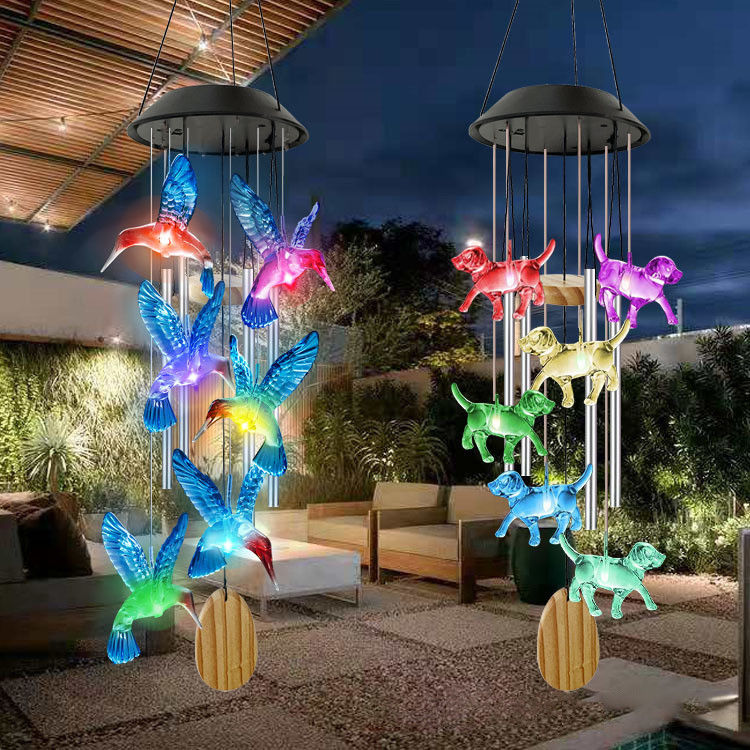 Waterproof Solar Power Wind Chime with Color Changing Hummingbird and Butterfly Design